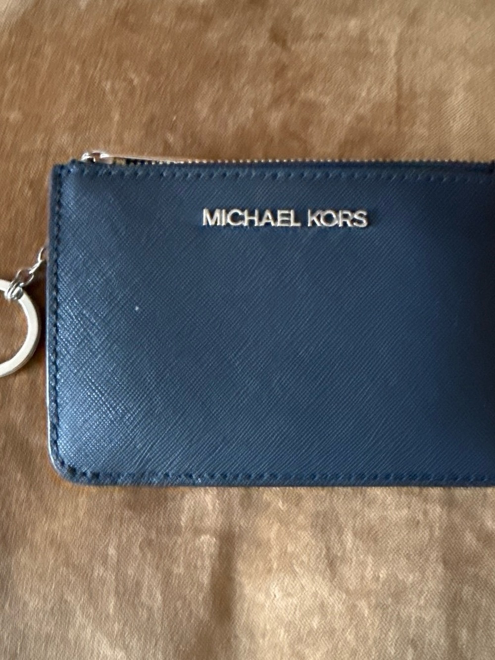 MICHAEL KORS women’s Navy Leather Zip Card Case Key Holder with Gold Logo